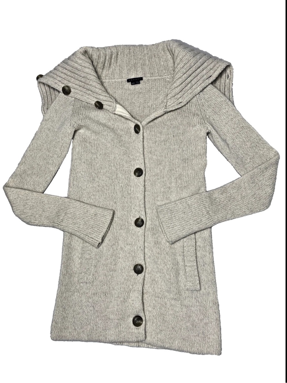 THEORY 100% Cashmere Taupe Button Up Long Cardigan Sweater Size P/TP